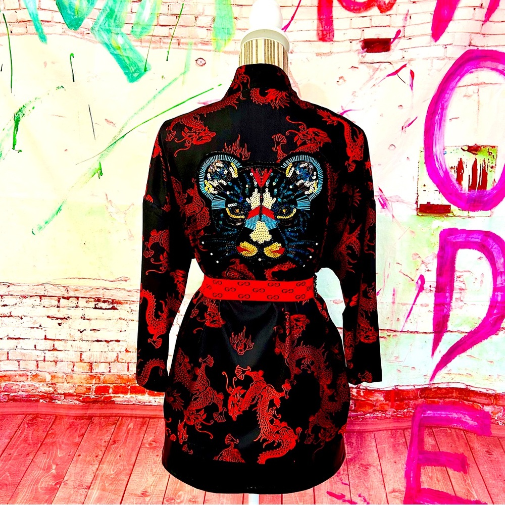 Reworked Asian Kimono with Sequin Tiger Patch and Embellishment, Custom Belt